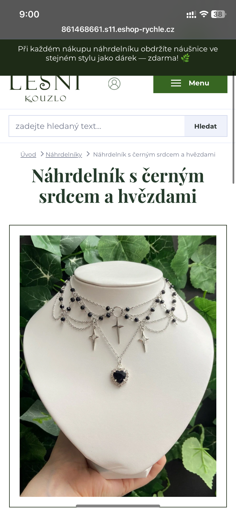 Náhrdelník s českým sklem, s přívěskem měsíce, v květinovém stylu 🌿